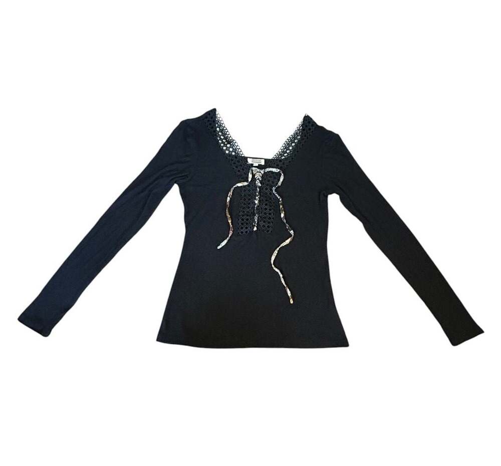 Gimmicks Black Long Sleeve Lace Trim V-Neck Top with Floral Print Bow Tie Size M